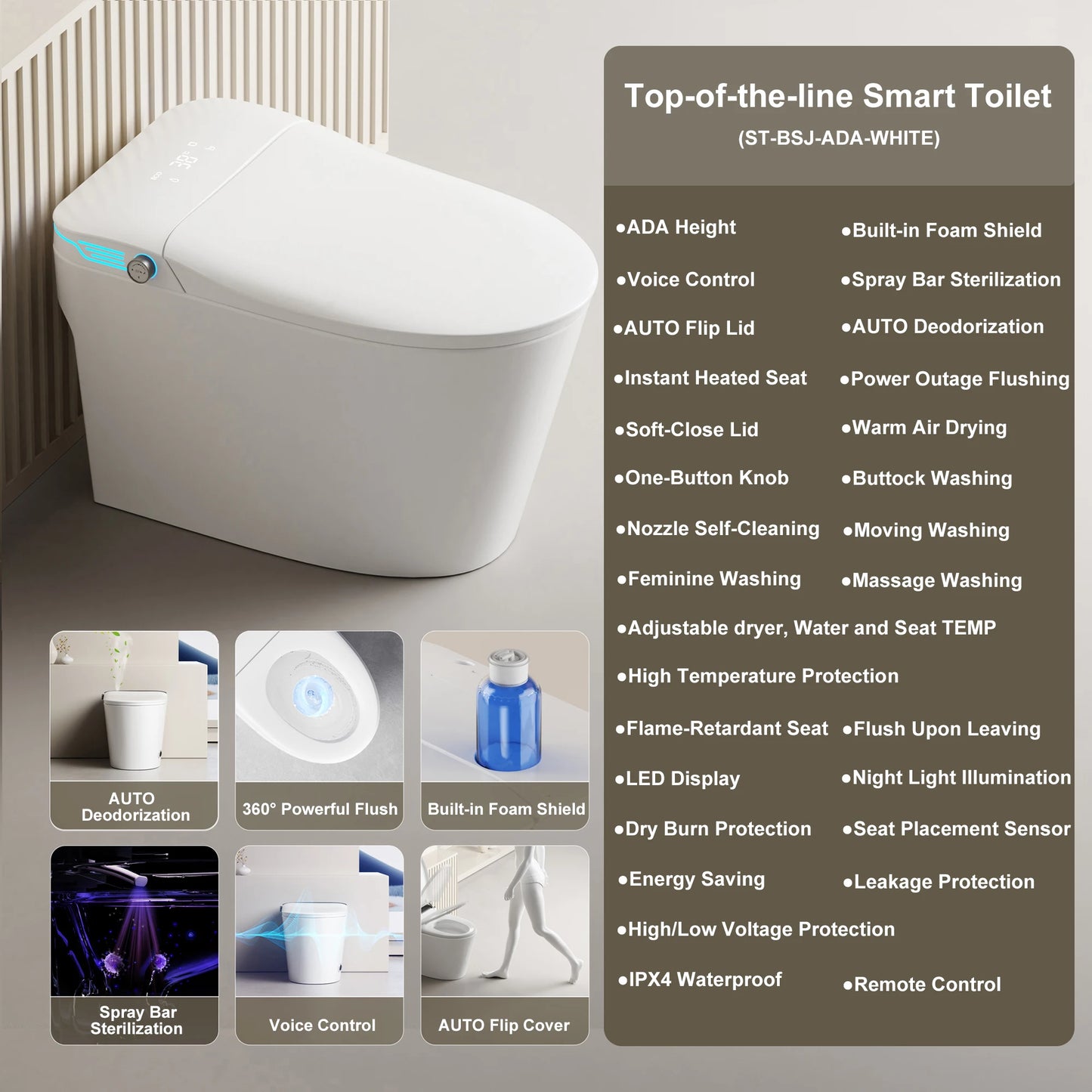 Elongated Smart Toilet With Built In Bidet And Foam Dispenser Voice Control