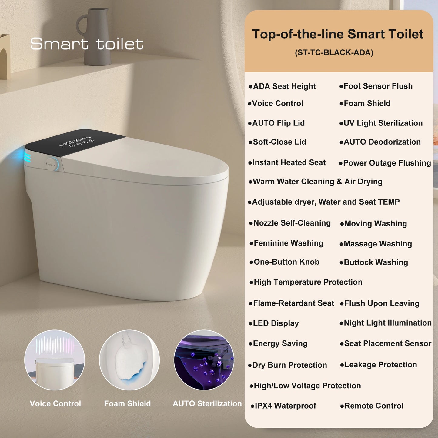 Smart Toilet With Built In Bidet AutoOpenClose Heated Seat