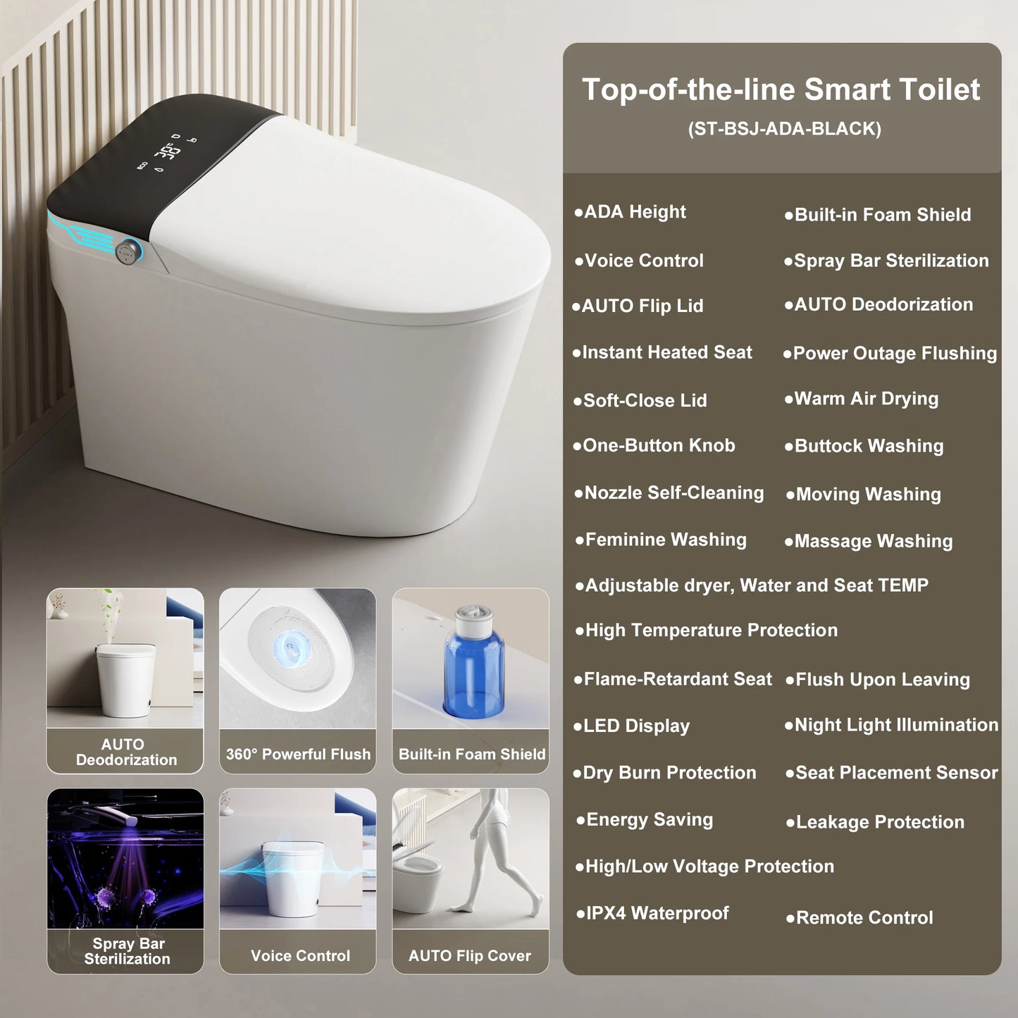 Elongated Smart Toilet With Built In Bidet And Foam Dispenser Voice Control
