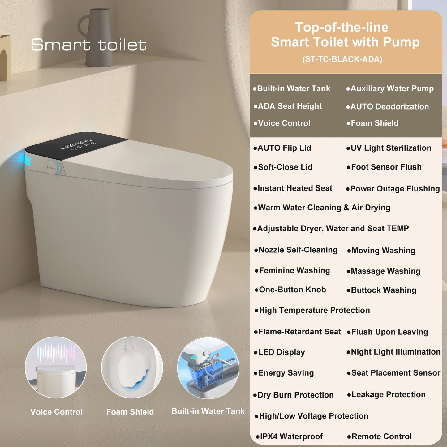 Smart Toilet With Built In Bidet AutoOpenClose Heated Seat
