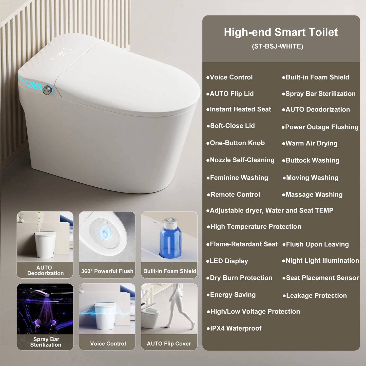 Elongated Smart Toilet With Built In Bidet And Foam Dispenser Voice Control