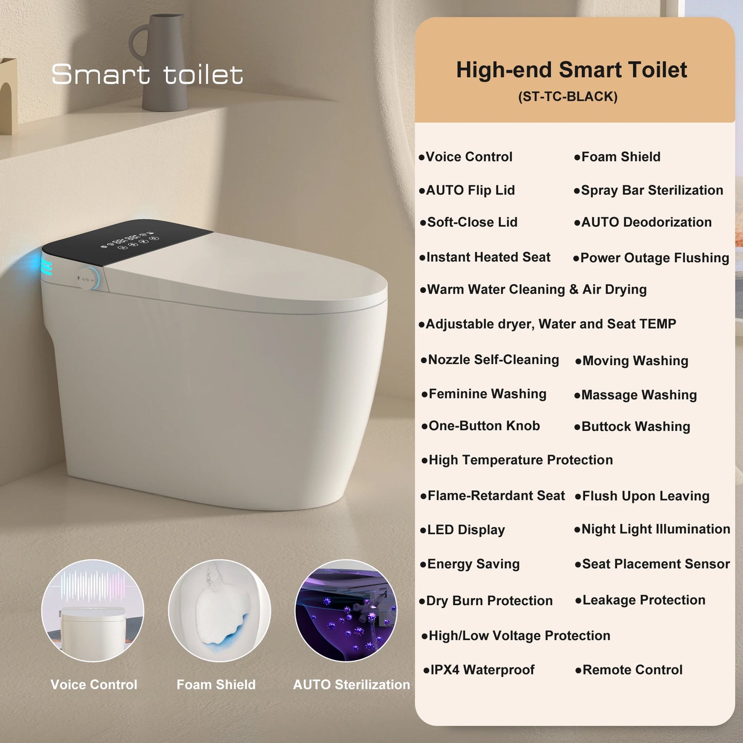 Smart Toilet With Built In Bidet AutoOpenClose Heated Seat