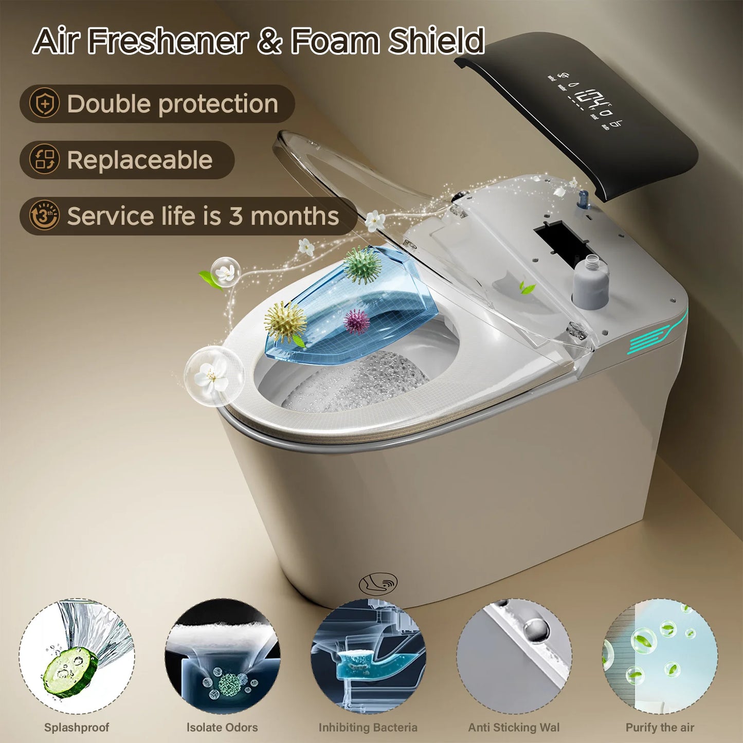 Elongated Smart Toilet With Built In Bidet And Foam Dispenser Voice Control
