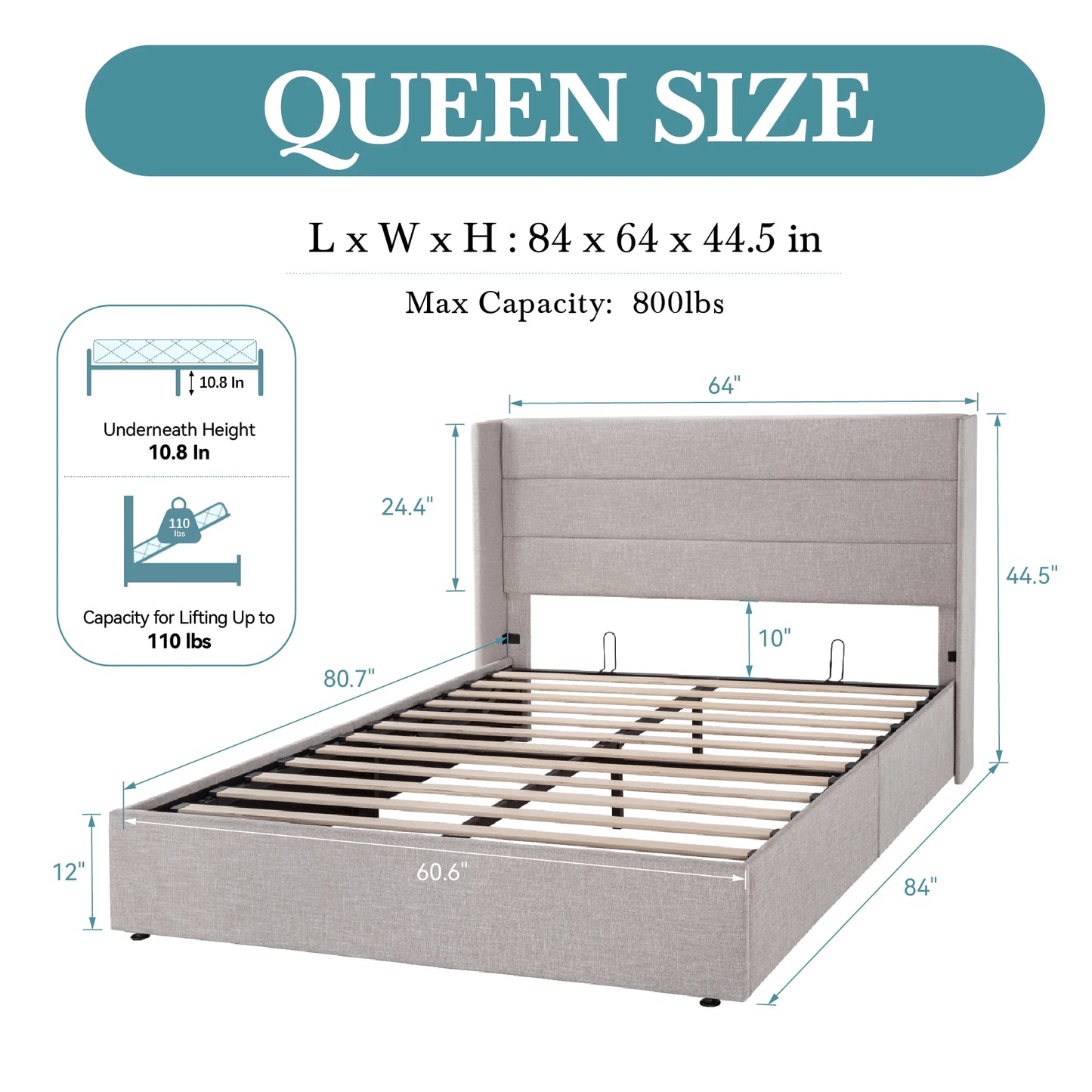 HOOMIC Lift Up Storage Bed With Wingback Headboard And Storage