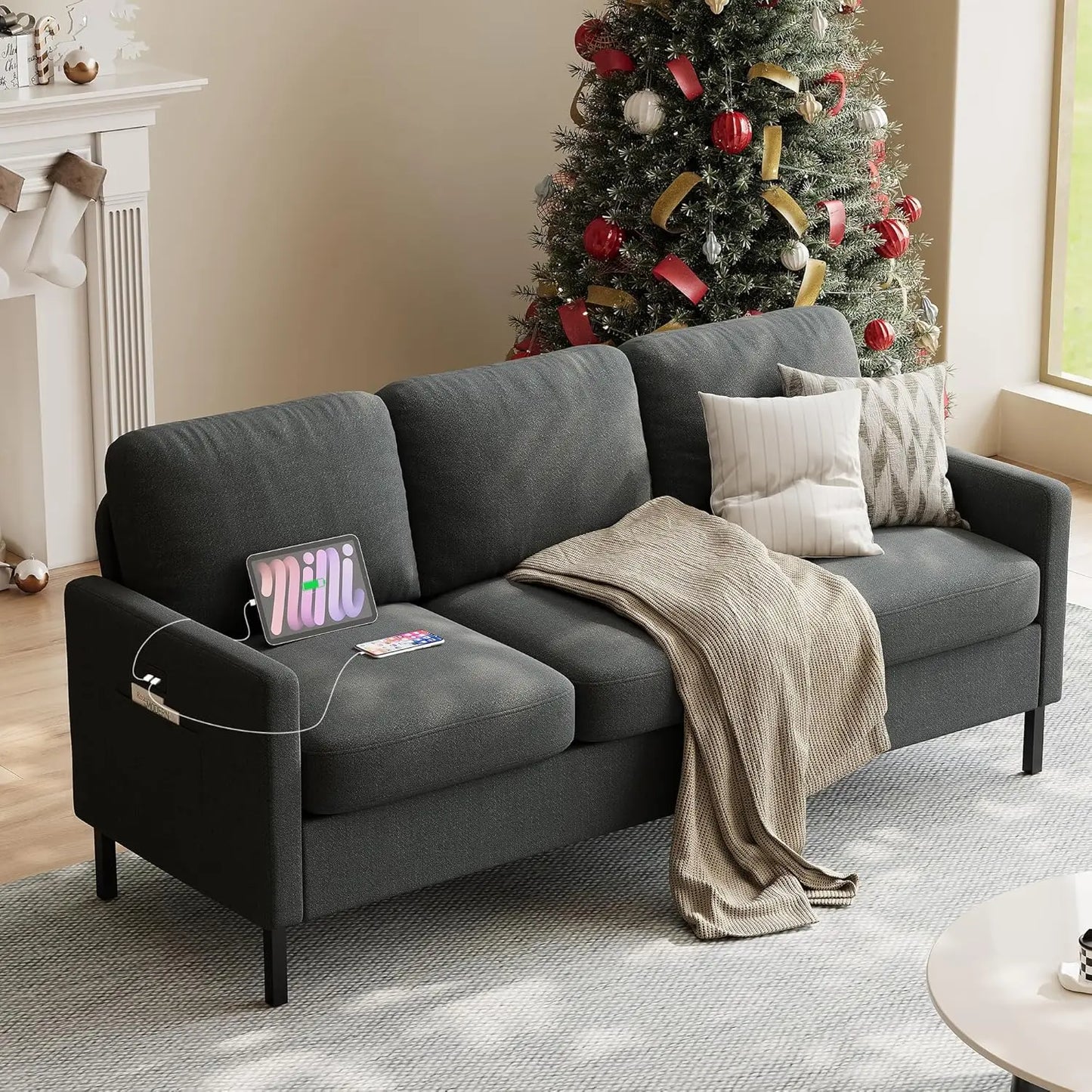 Faux Leather Sofa Modern With USB Ports For Living Room