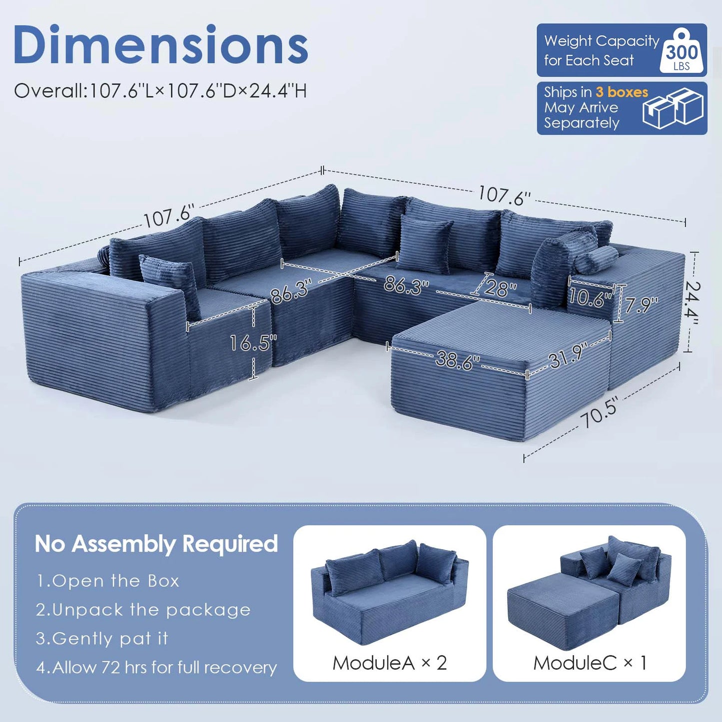 Redlife Six Seat Modular Sectional Sofa with Ottoman