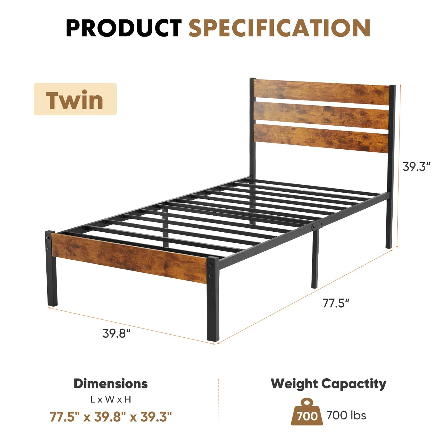 JHK Metal Platform Bed Frame With Headboard And Footboard And Wooden Slats