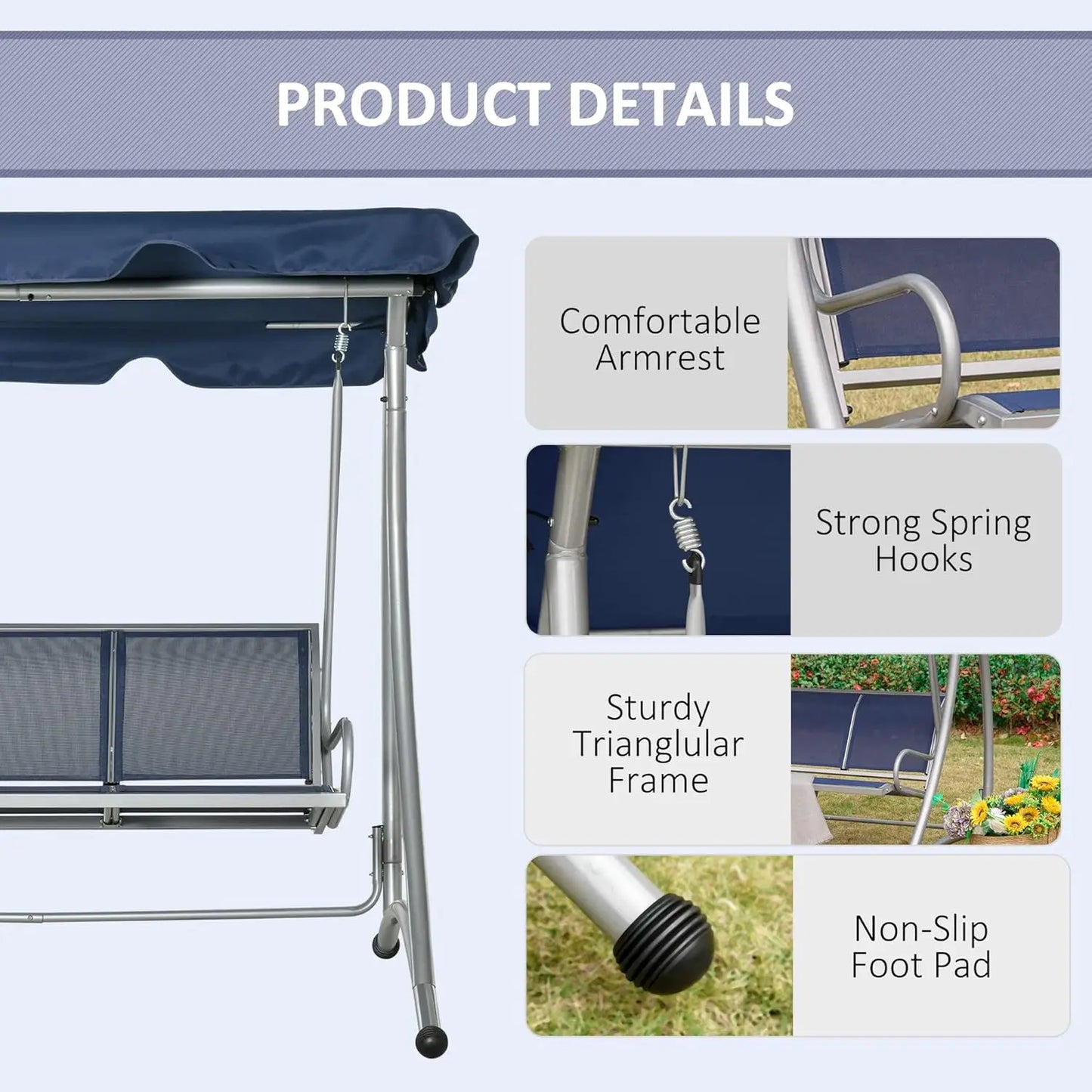 3-Seat Outdoor Porch Swing Chair, Patio Glider with Adjustable Canopy, Breathable Seat, and Steel Frame , Customized