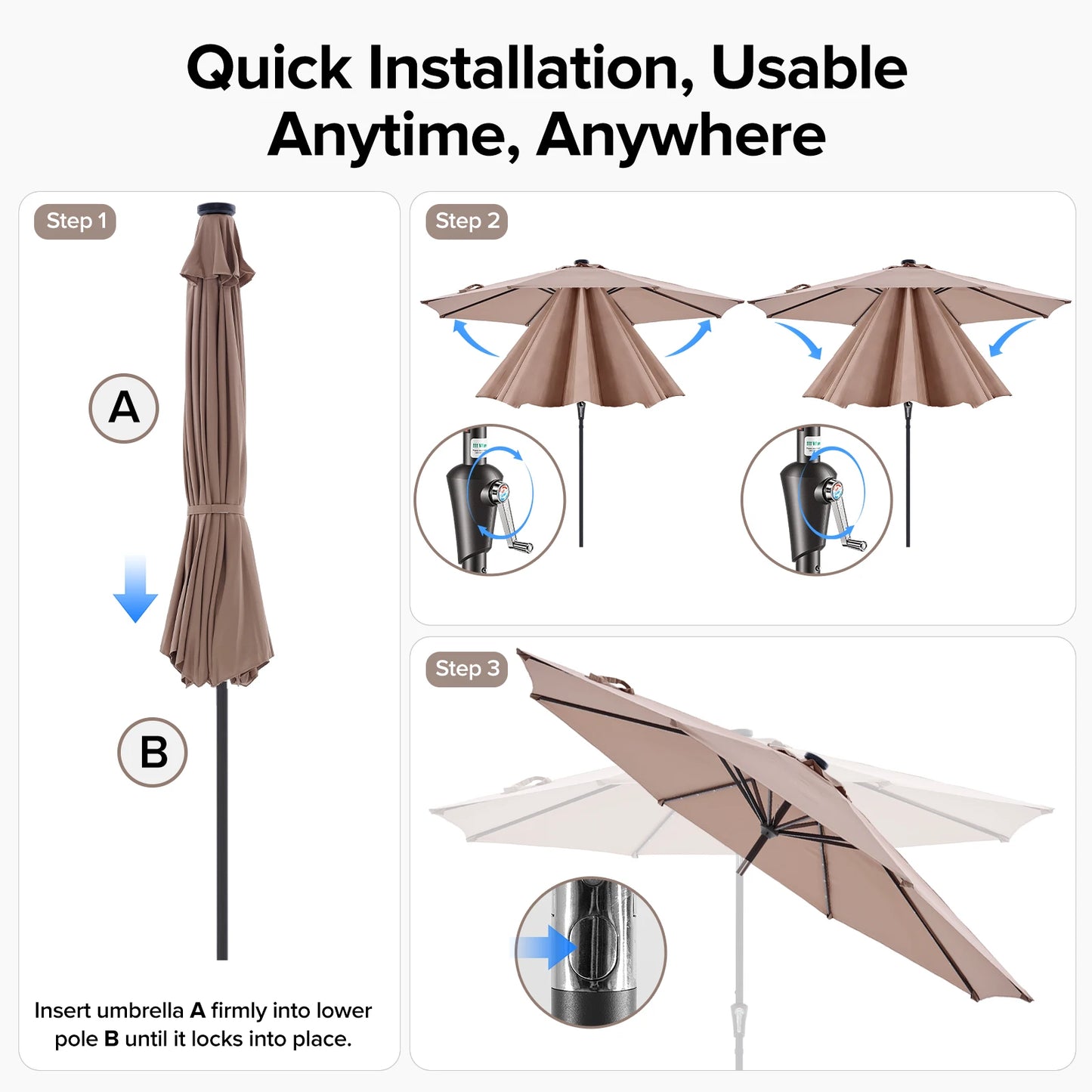 JHK Solar LED Patio Umbrella With Tilt Crank Lights