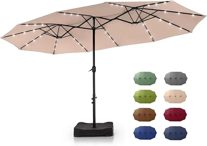 15 ft Rectangle Patio Umbrella with Solar Lights and Base Included, Double-Sided Market Table Umbrella with Crank, Large Outdoor