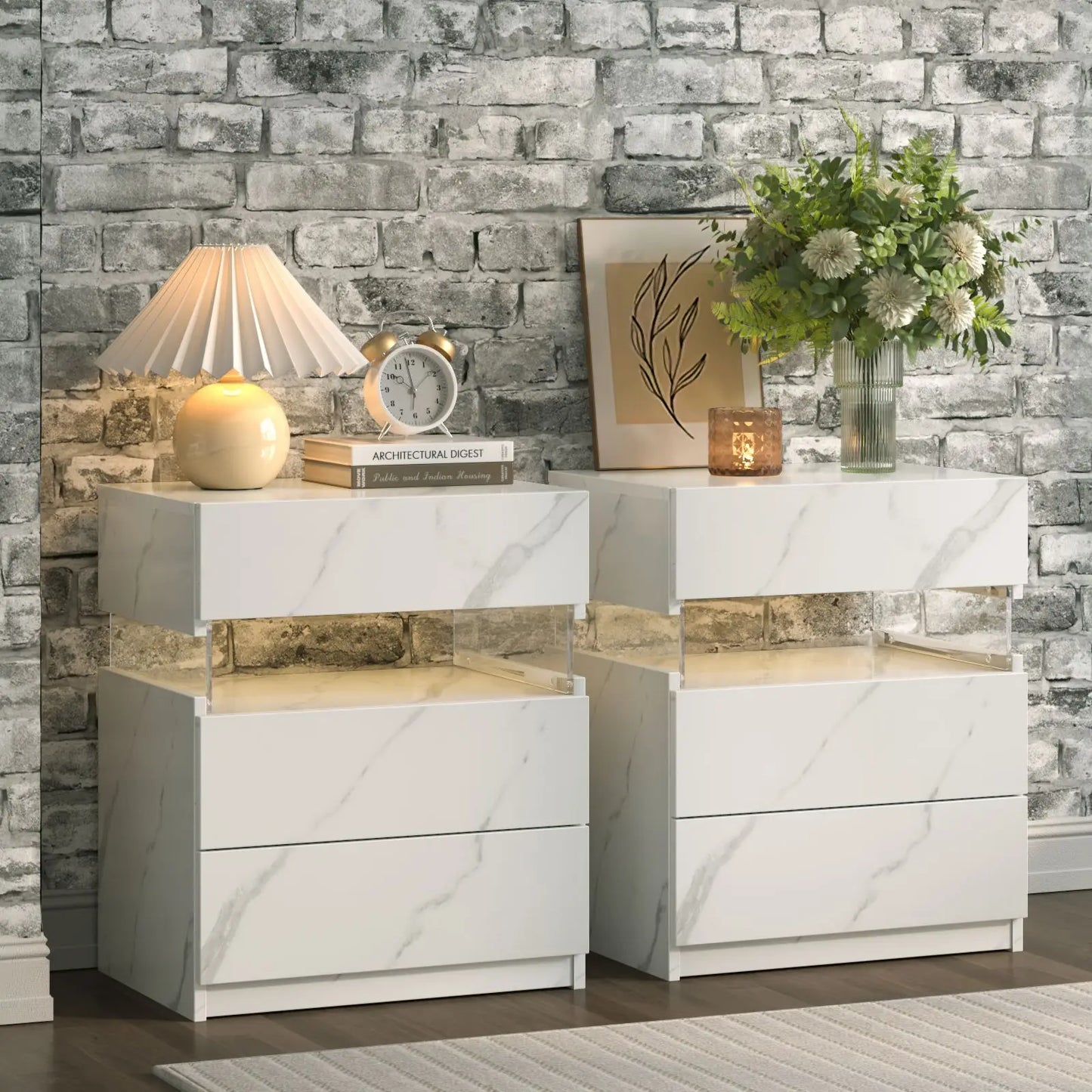 Cubehom LED Bedside Tables 2 Pack With 3 Drawers Bedroom