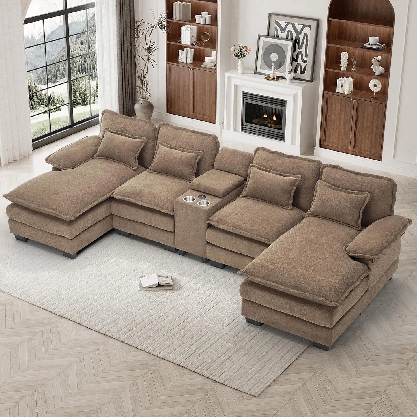 U Shaped Modular Sectional Sofa Chenille With Double Chaise Storage Console USB