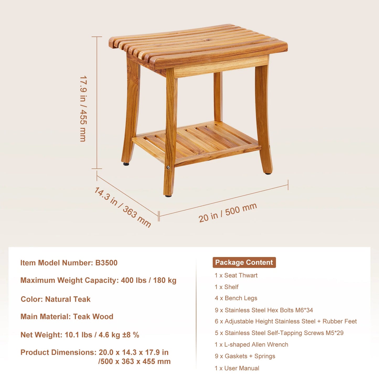 SucceBuy Bamboo Shower Bench Waterproof Shower Stool With Storage Shelf 330lbs