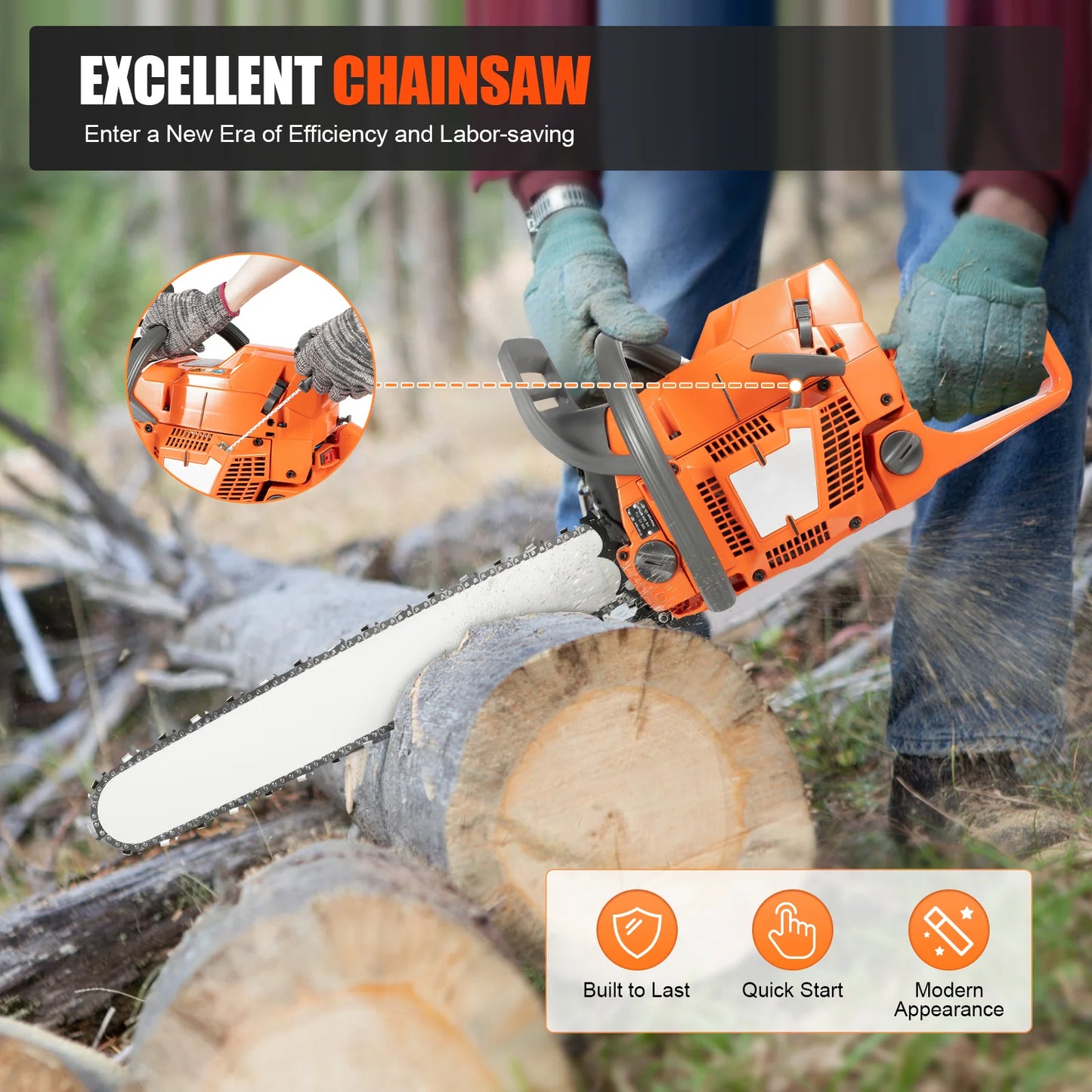 Gasoline Power Chain Saws 24 inch Guide Bar 2 Cycle 65/72cc Gas Chainsaw Farm Garden Cutting Wood Crankcase Hand Pull Start