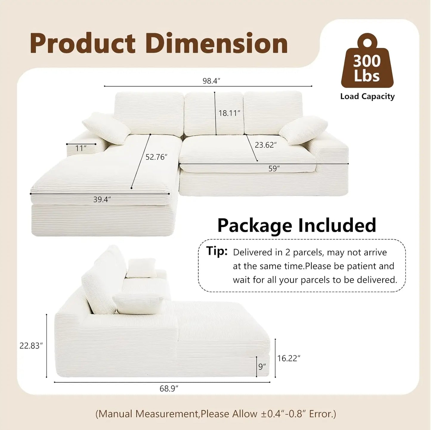 Cloud Modular Sectional Sofa With Chaise L-Shaped Corduroy Upholstered
