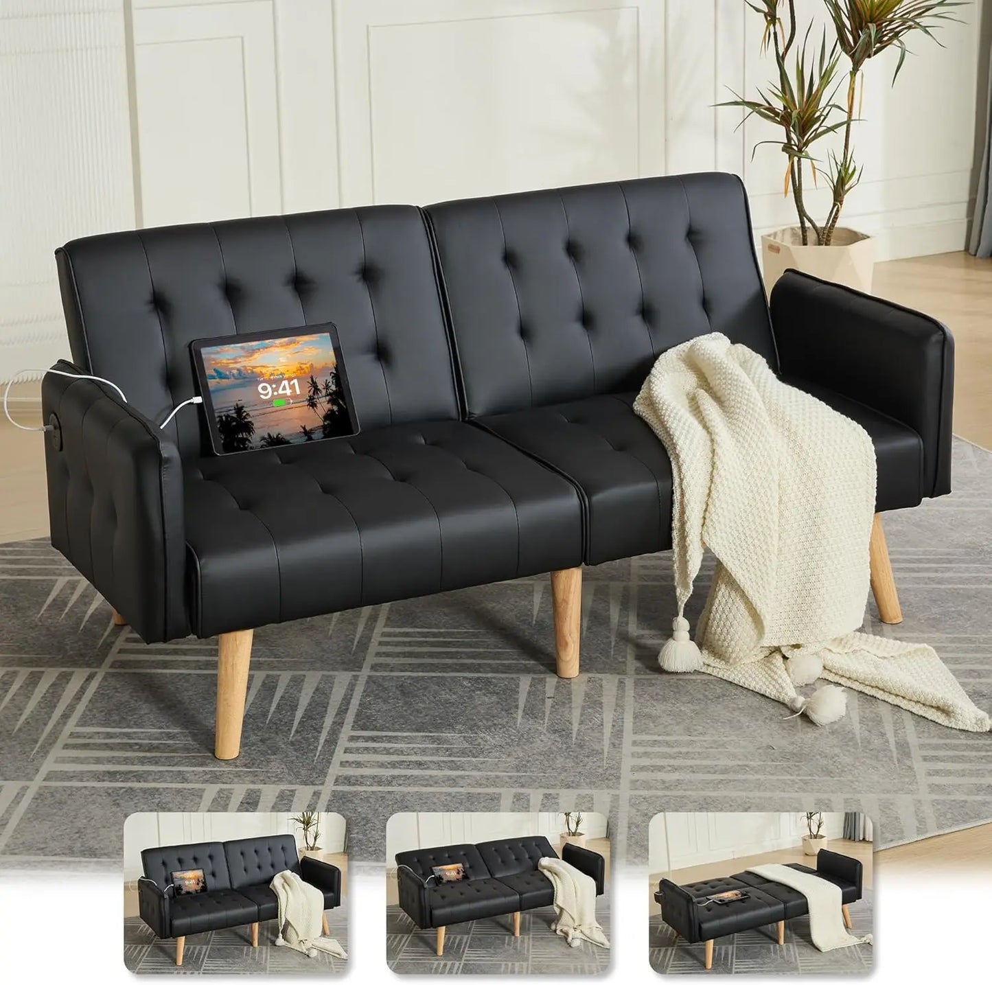Futon Sofa Bed With USB Tufted Upholstered Loveseat Modern Mid Century
