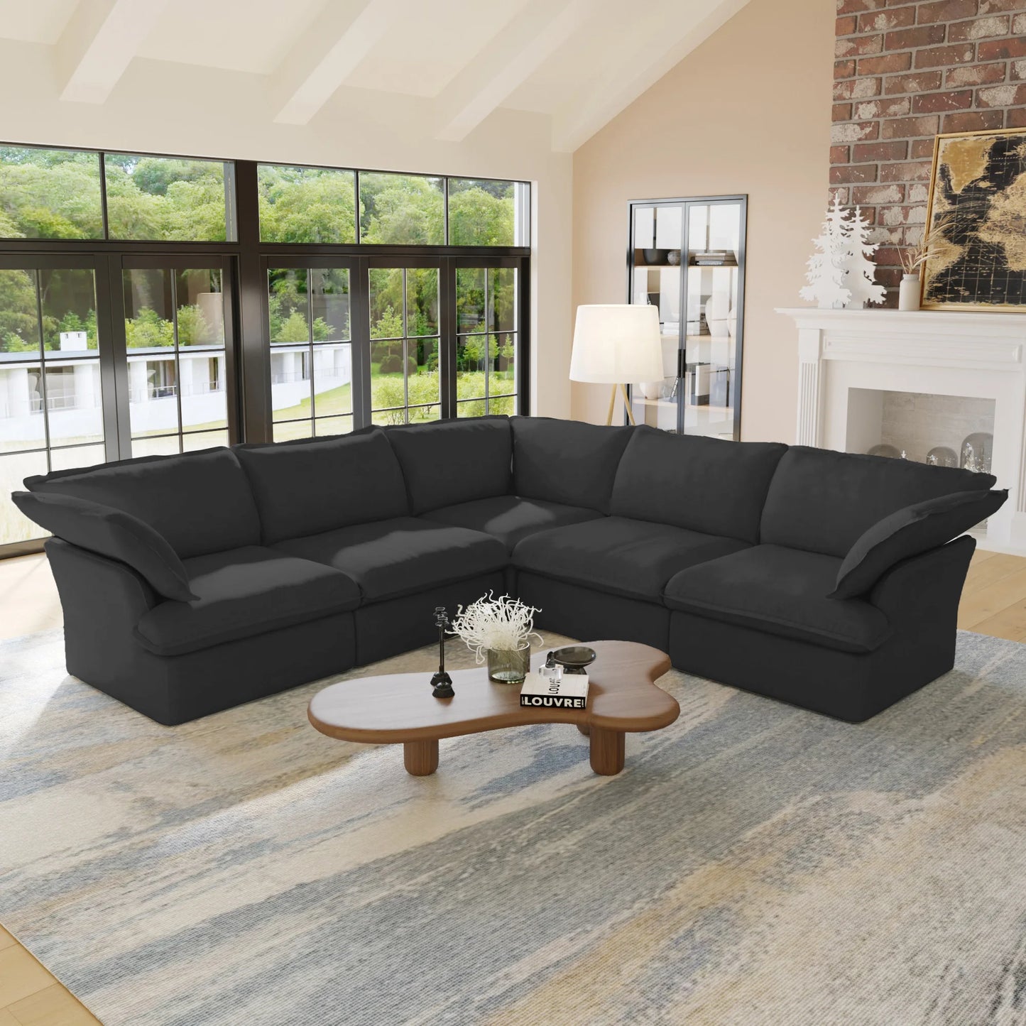 L Shape Corner Sectional Couch  Breathable Linen Cloud Couches Down Fill Convertible Modular Sectional Sofas for Living Room