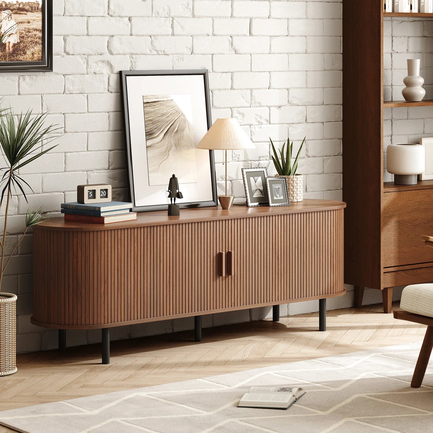 TV Stand With Power Outlet and Sliding Door Storage Entertainment Center