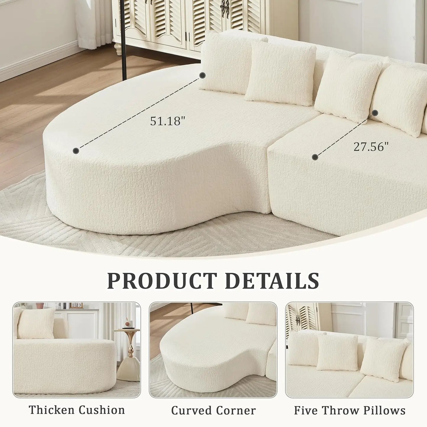 L Shaped Sectional Sofa Living Room Curved Modular Memory Foam 5 Pillows