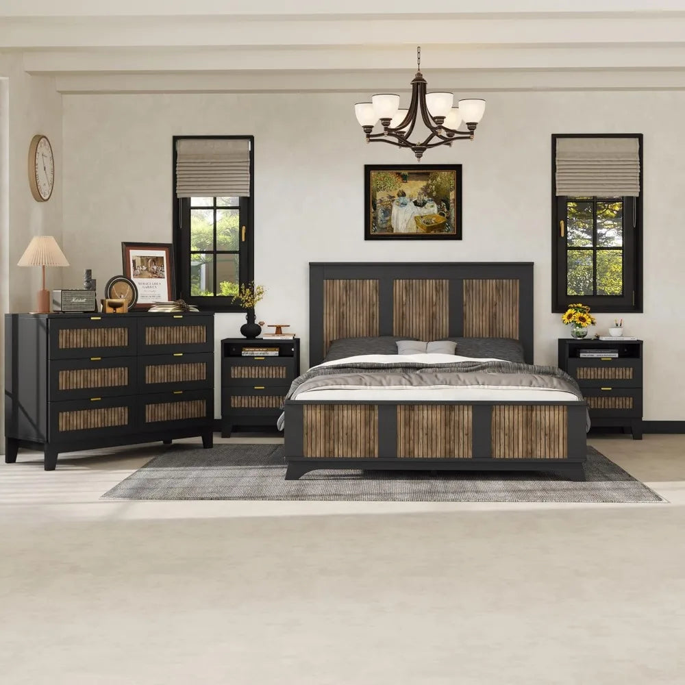 4 Piece Queen Bedroom Set, Queen Size Platform Bed with Wooden Strip Stickers Decoration, 2 Nightstands and Dresser, 4 Piece Fa