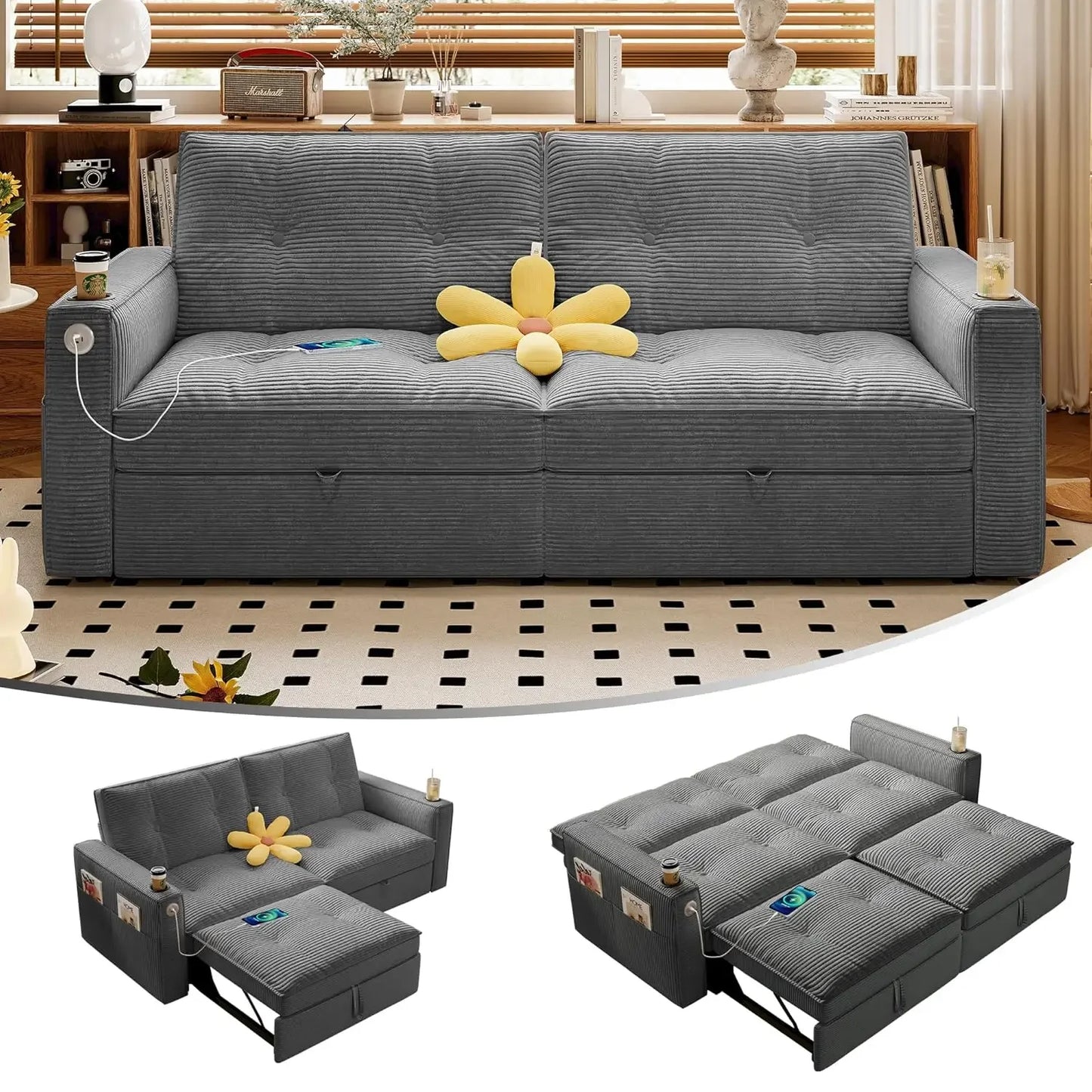 Guangbai Modern Seater Sofa Bed With USB Ports Pockets