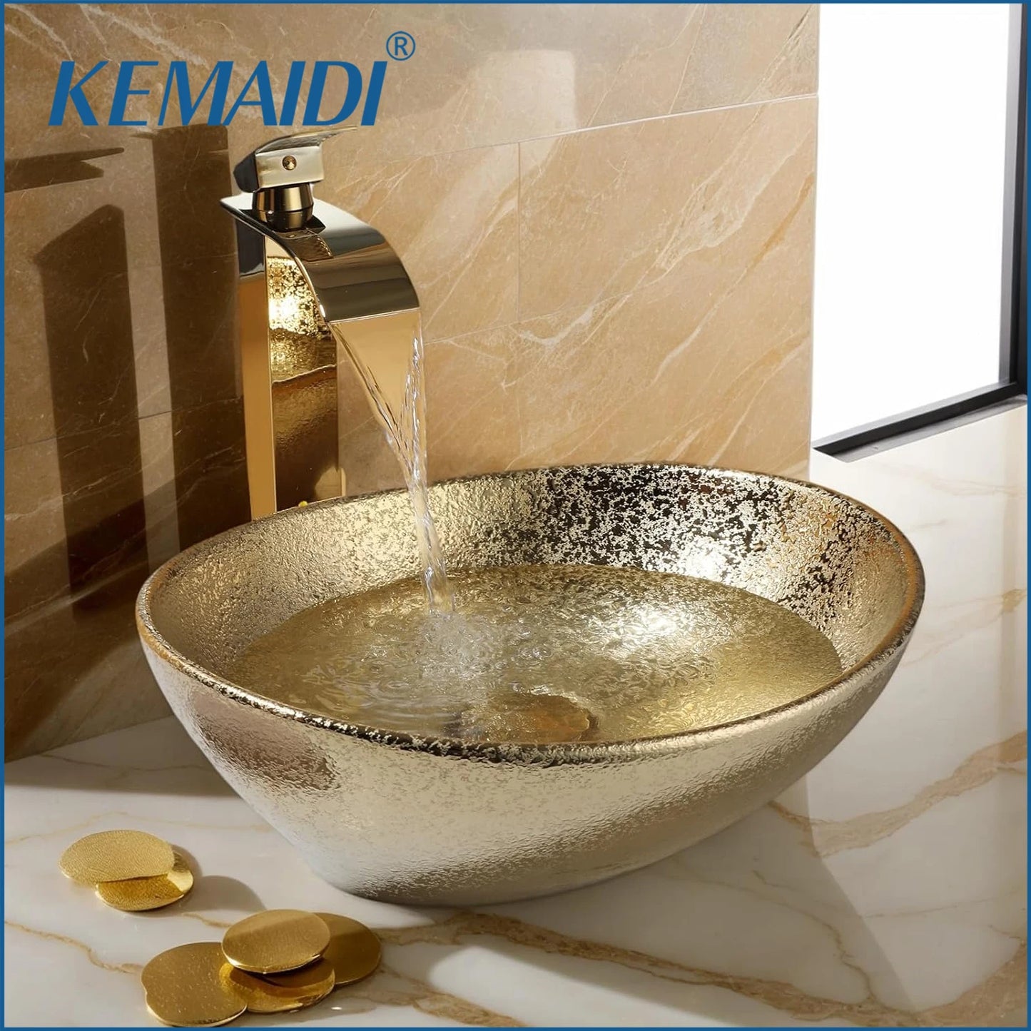 MEKKHALA Ceramic Vessel Sink Set With Waterfall Faucet For Bathroom