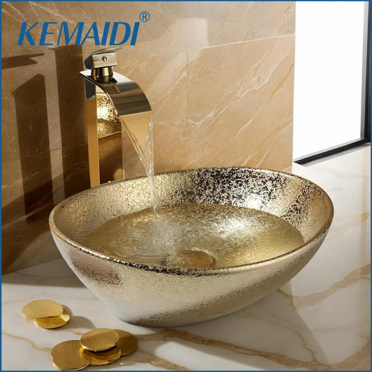 MEKKHALA Ceramic Vessel Sink Set With Waterfall Faucet For Bathroom