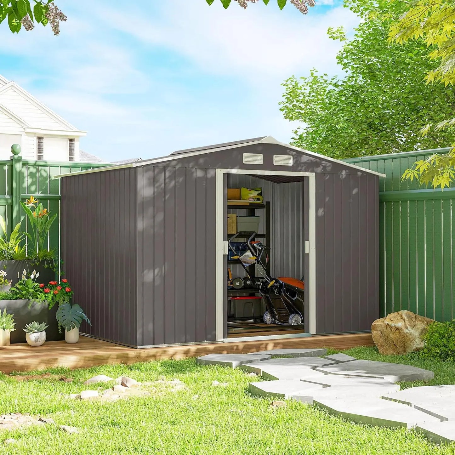 GELU Metal Storage Shed With Foundation Kit And Lockable Doors