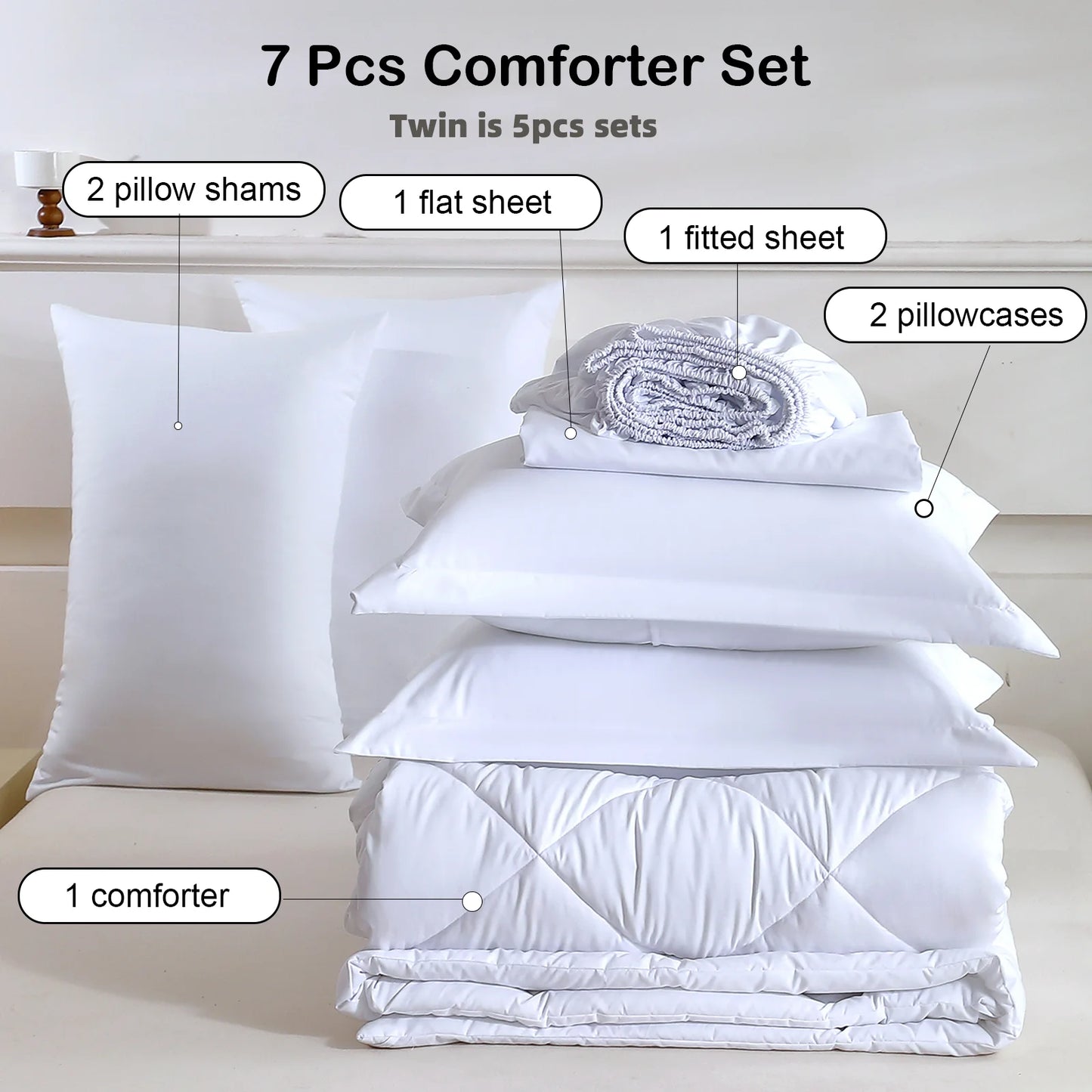 EasYum 7 Piece Bedding Set Quilted Comforter Flat Sheet Fitted Pillowcases
