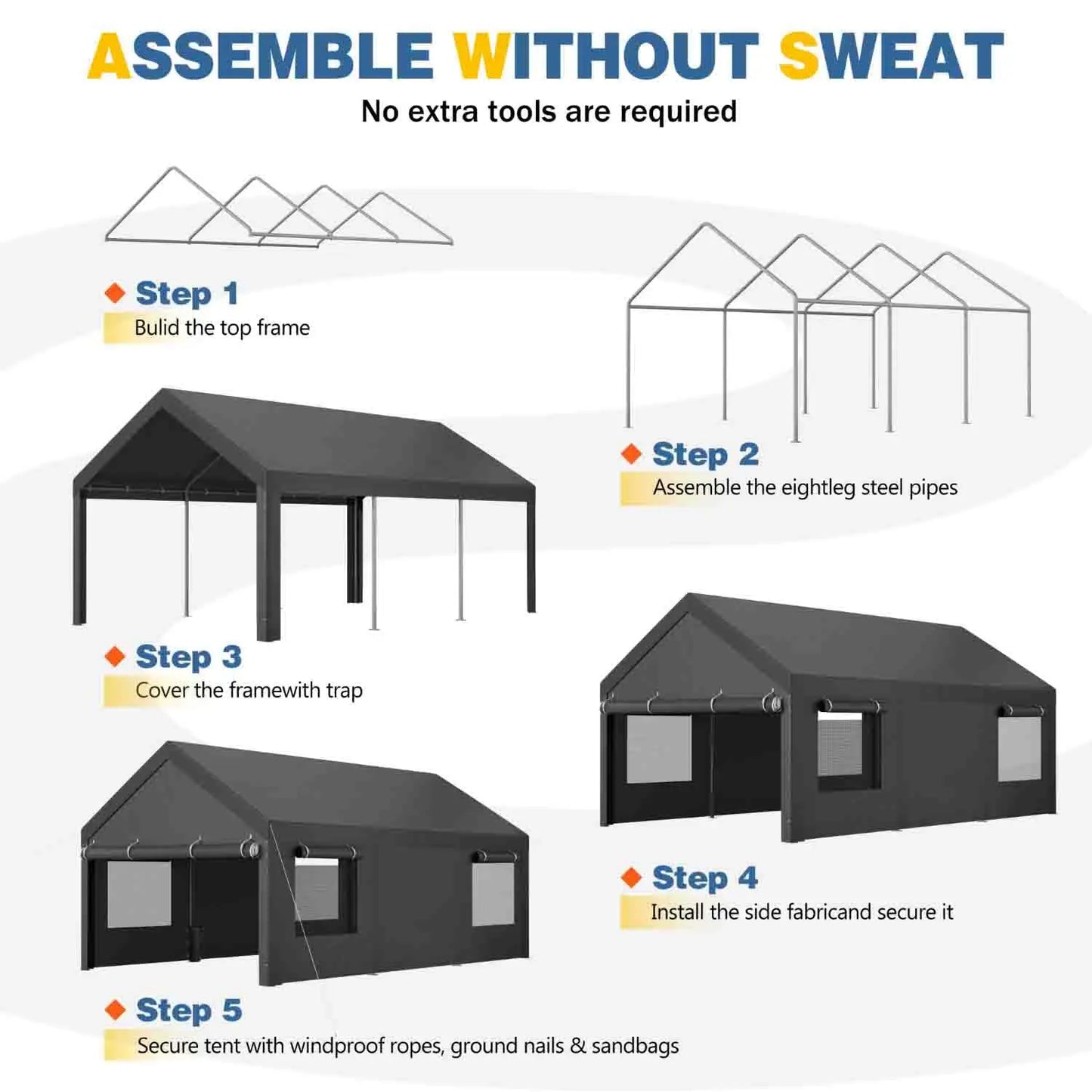 GELU Heavy Duty Carport Portable Garage With Rollup Windows