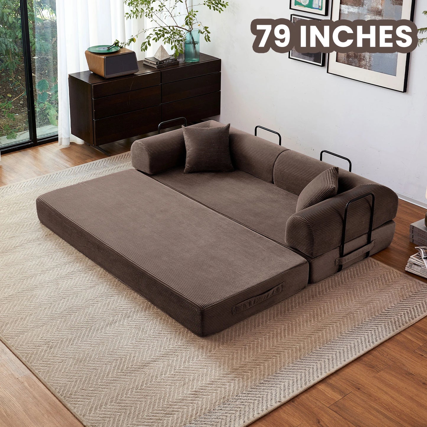 Foldable Convertible Futon Sofa Bed With L Shaped Armrests