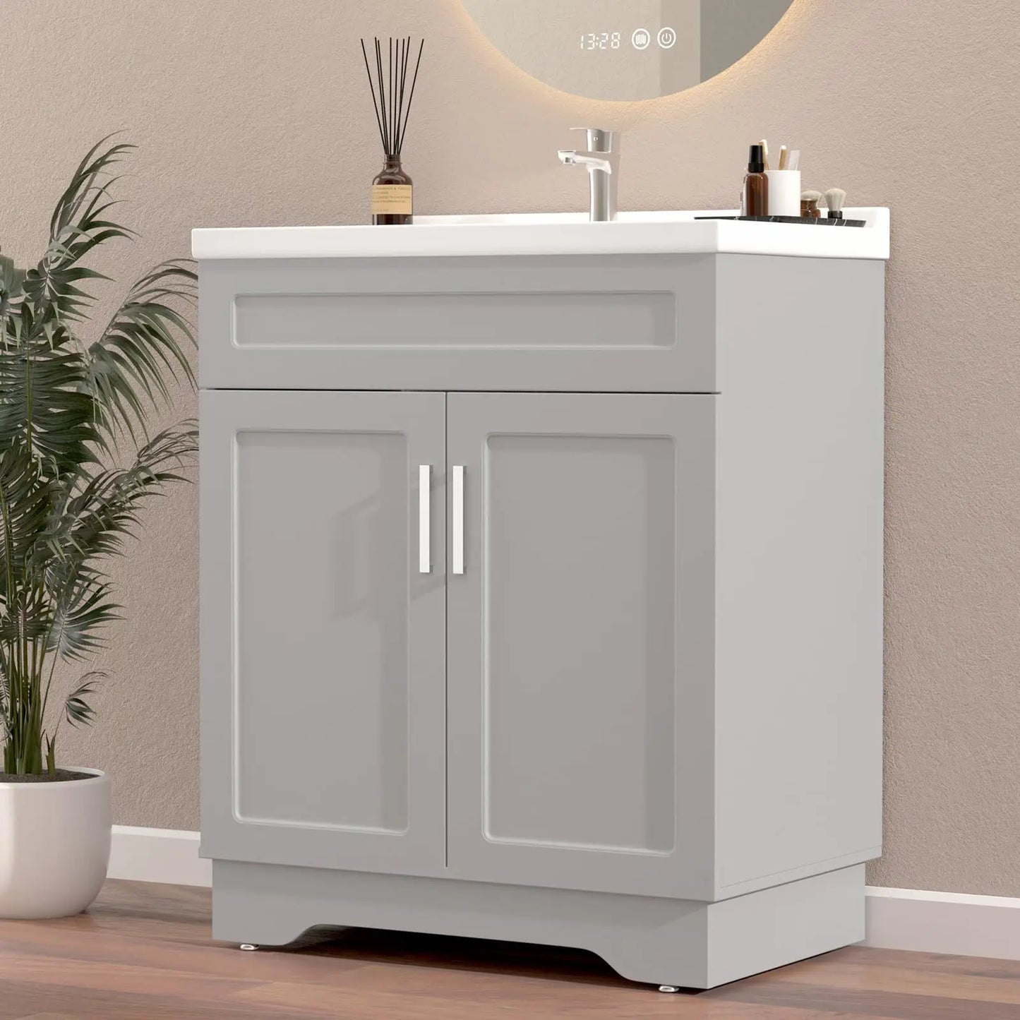 Bathroom Vanity With Ceramic Sink Wooden Cabinet Large Storage