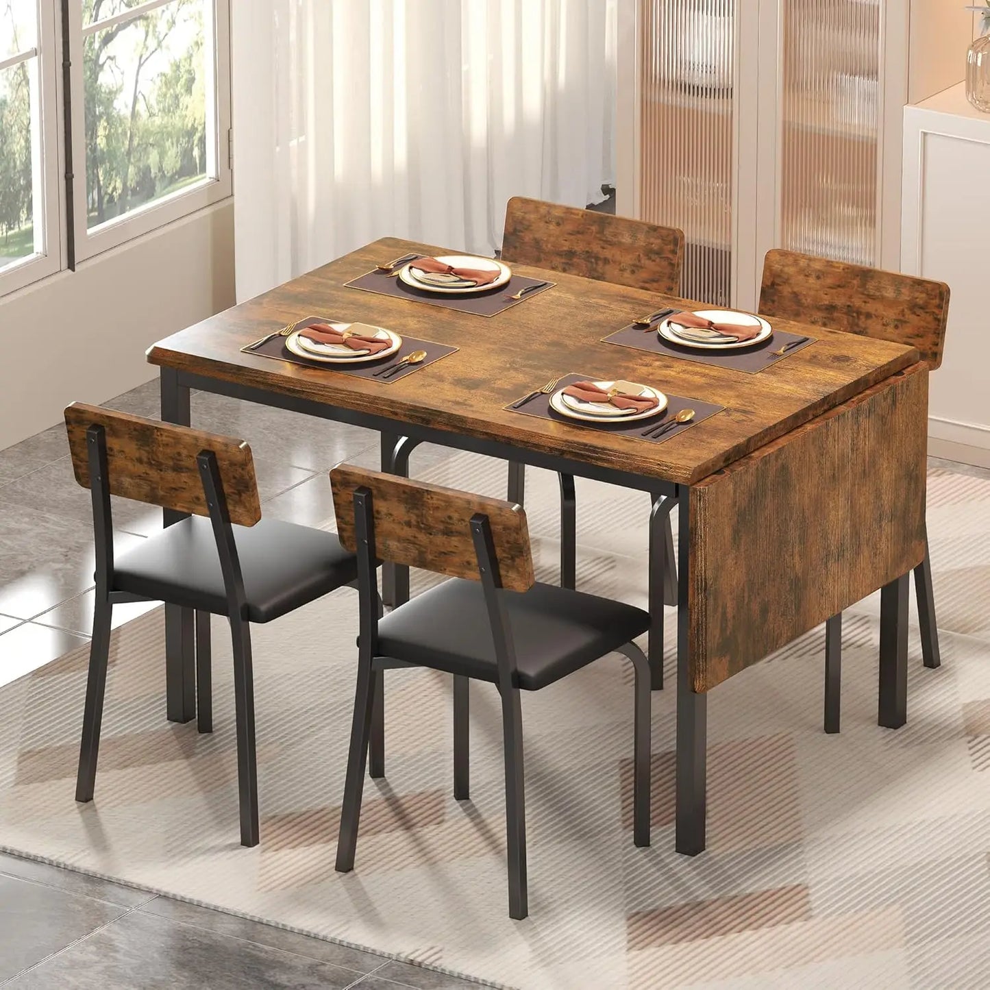 Rustic 5-Piece Dining Table Set With Upholstered Chairs