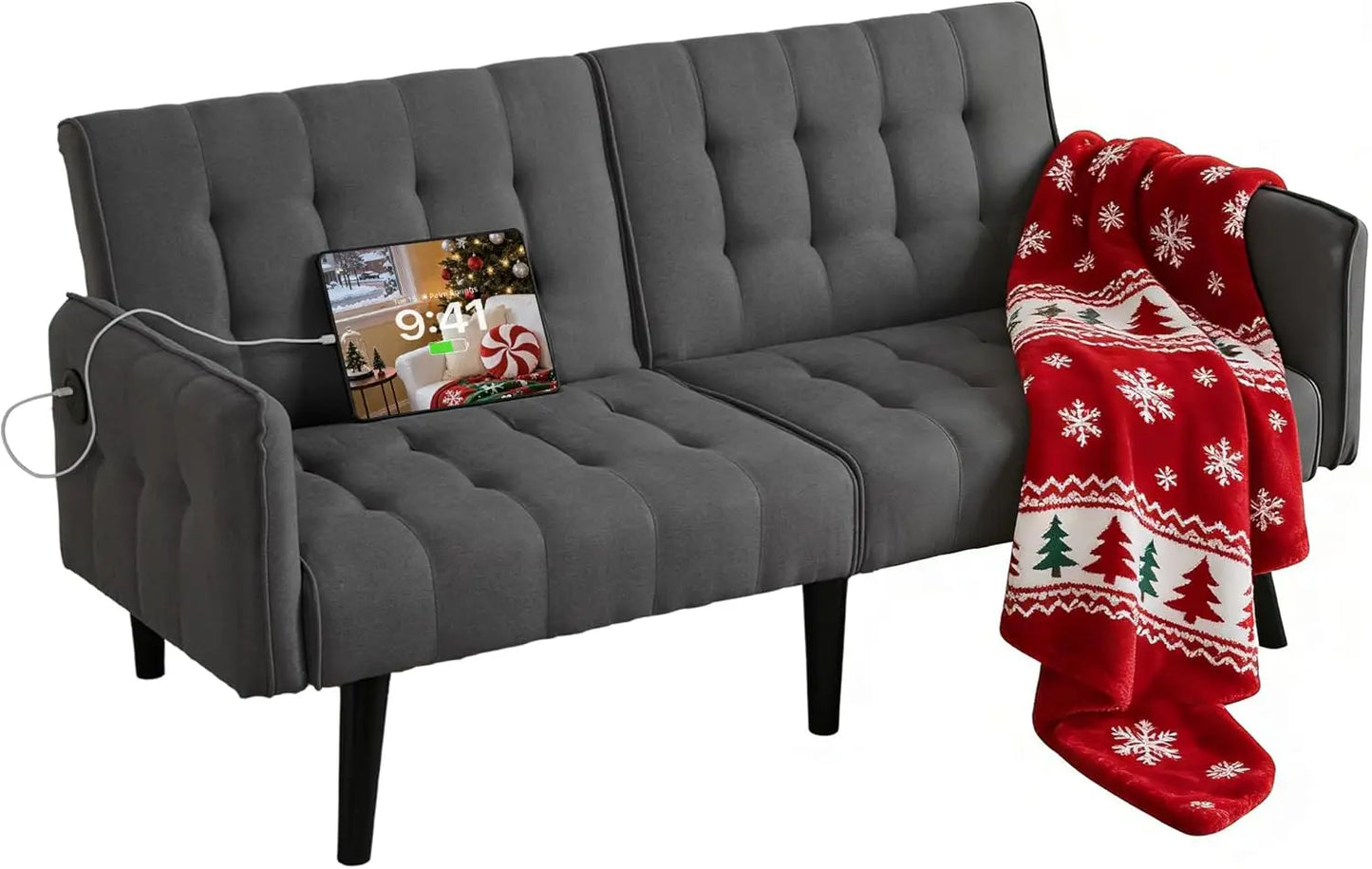Futon Sofa Bed With USB Tufted Upholstered Loveseat Modern Mid Century