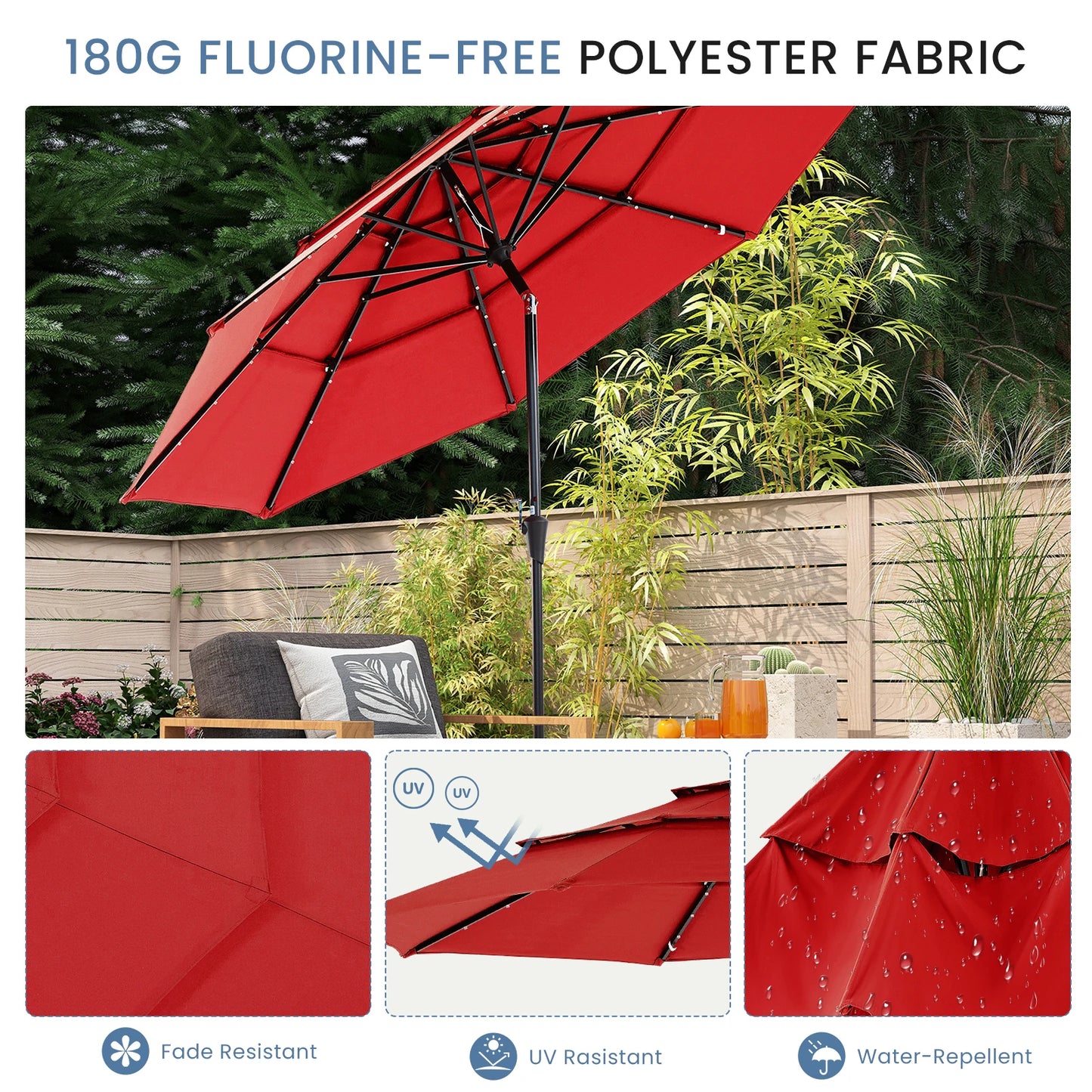 Solar LED Patio Umbrella With Tilt And Crank Lift 32 LED Lights UV Resistant