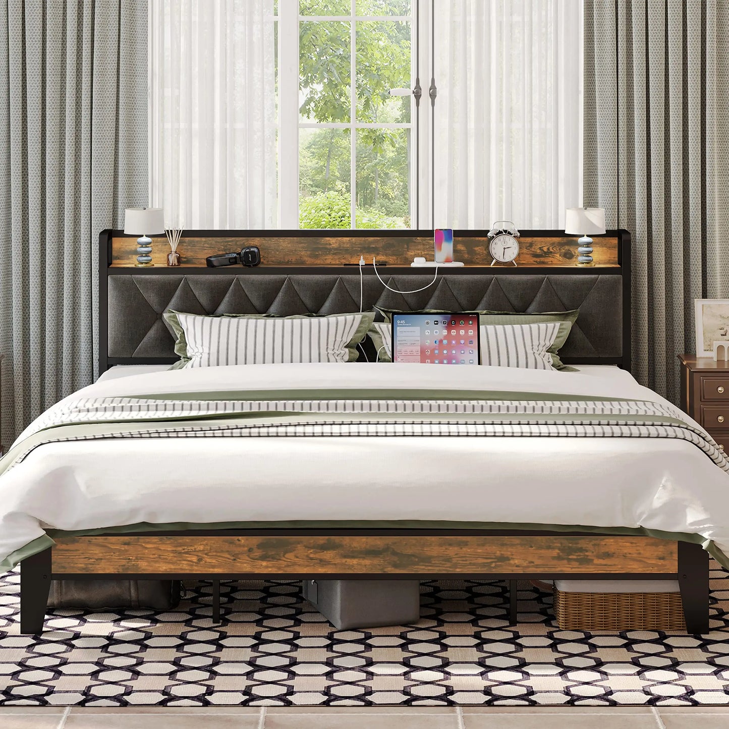 ANCTOR Bed Frames With Storage Headboard Outlets No Noise No Box Springs