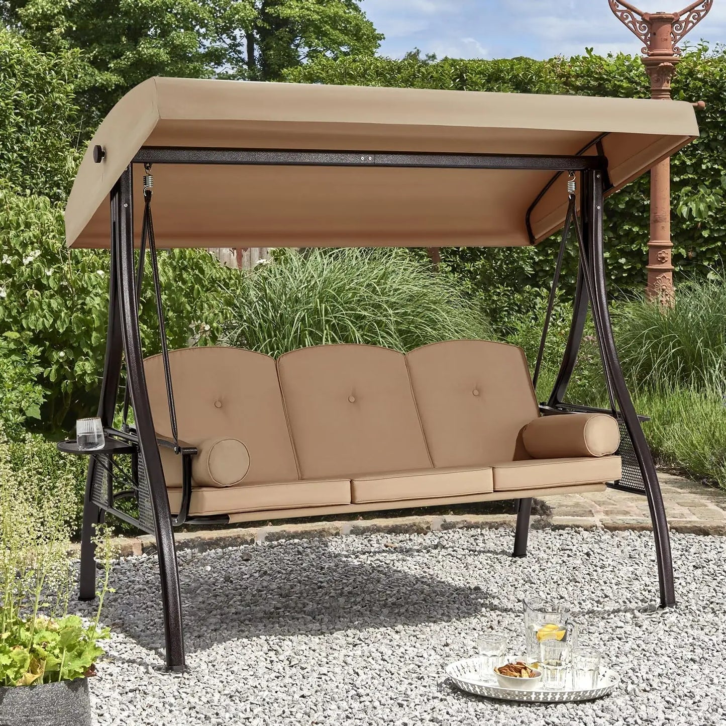 Three Seat Patio Swing With Adjustable Canopy Backrest Cup Holder