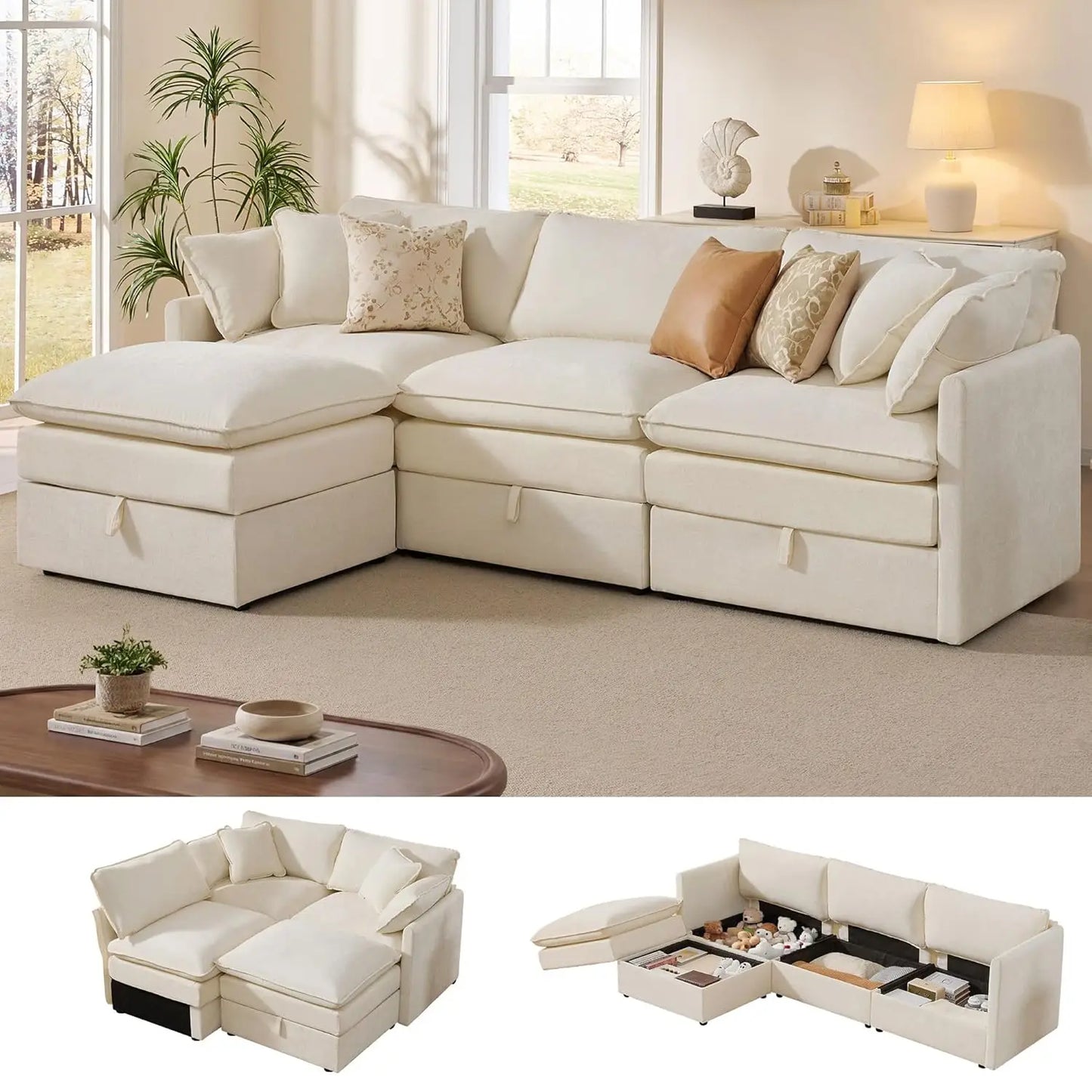 Modular Sectional Sofa With Storage L Shaped Chenille Movable Ottoman