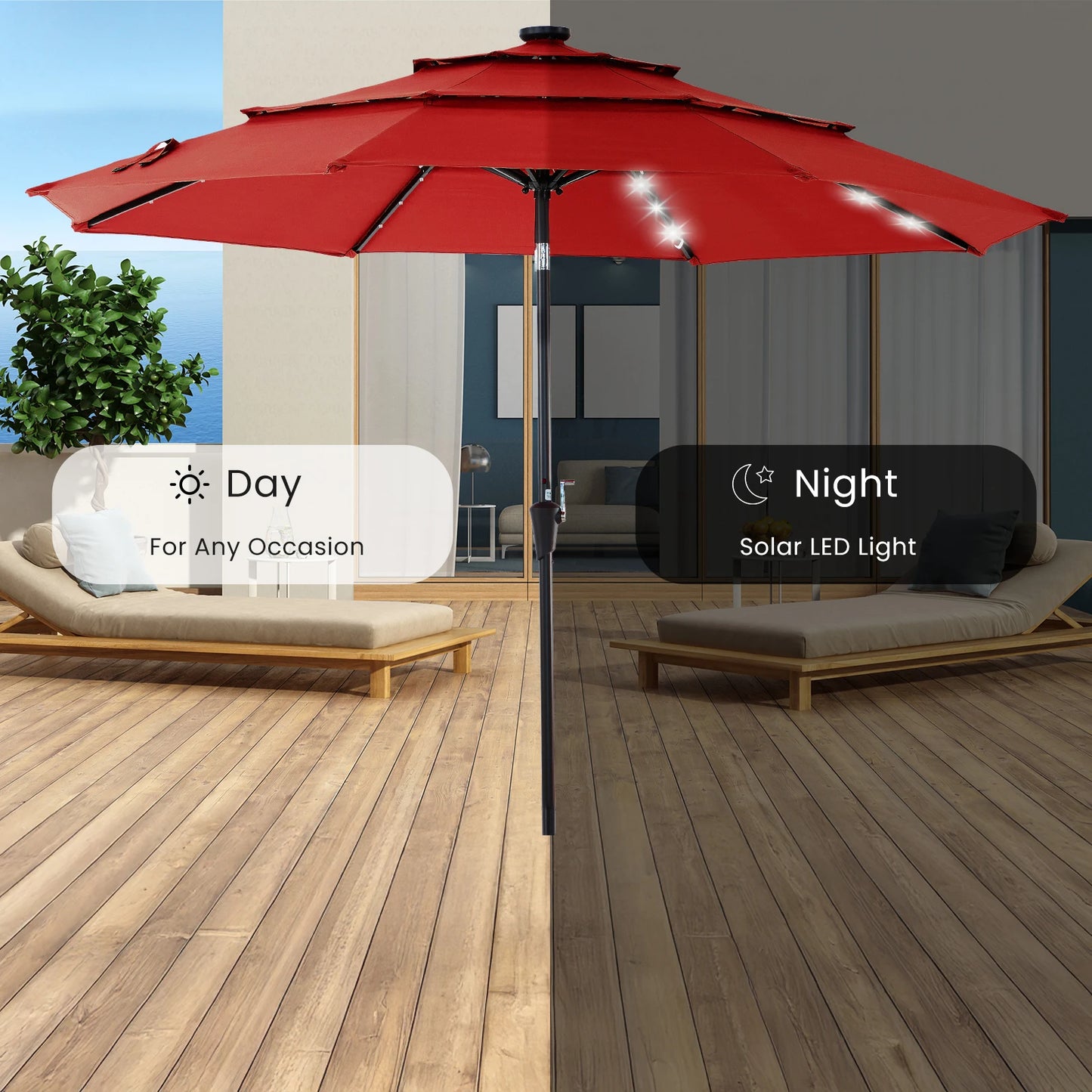 Solar LED Patio Umbrella With Tilt And Crank Lift 32 LED Lights UV Resistant