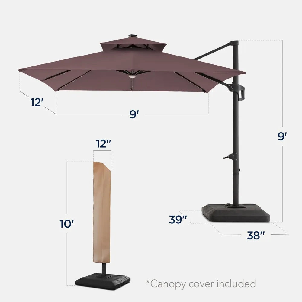 9x12ft LED Cantilever Patio Umbrella w/Base Included & 360° Rotation, Large Solar Offset Hanging Outdoor Sun Shade for Deck