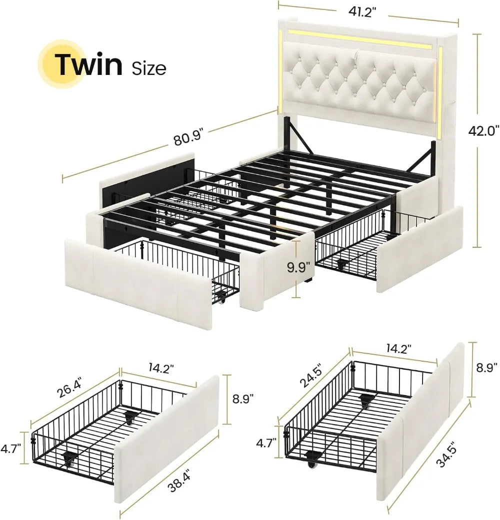 LED Bed Frame With Storage Drawers And Velvet Headboard Charging Station