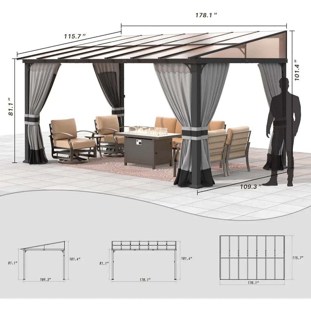 DUOFU Wall Mounted Gazebo Hardtop Metal Frame With Curtains Patio