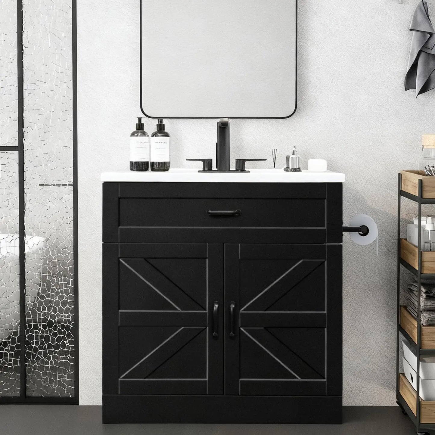 Bathroom Vanity With Sink Farmhouse Cabinet Drawer And Barn Door Towel Bar