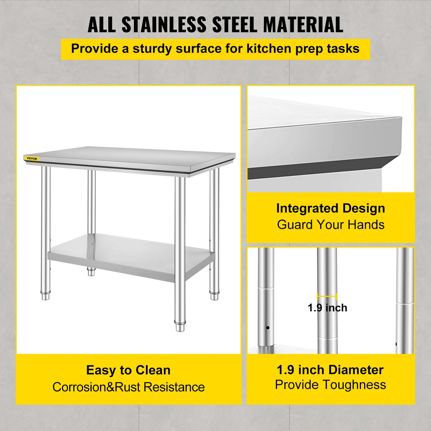 Stainless Steel Kitchen Work Bench With Undershelf 330 LBS Capacity