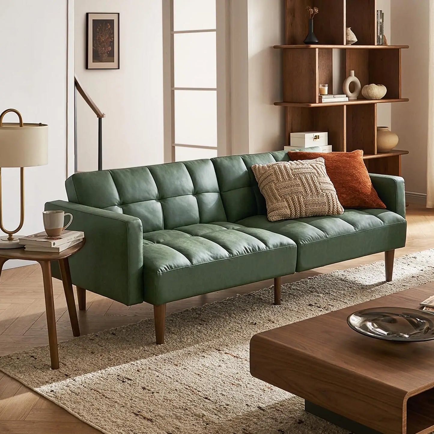 Mid Century Futon Sofa Bed PU Leather Loveseat Wood Frame