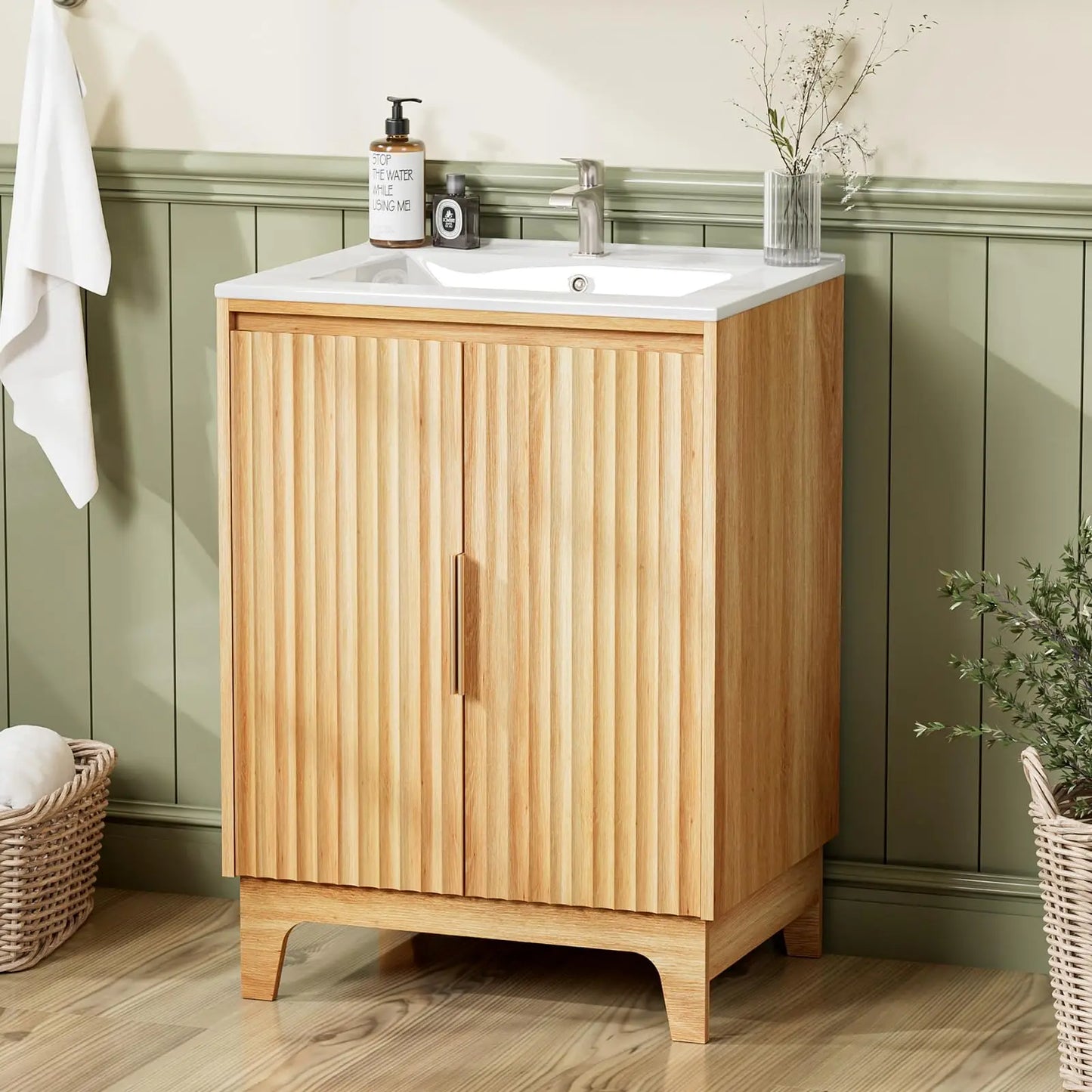 Mid-Century Modern Vanity With Ceramic Basin and Fluted Doors