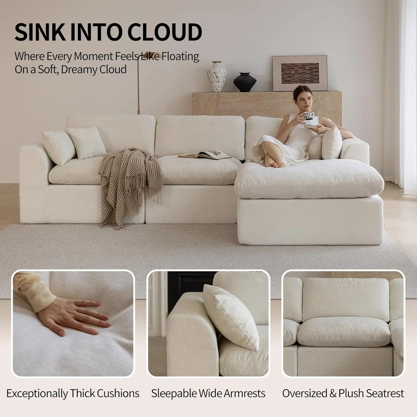L Shaped Cloud Sectional Sofa With Ottoman Convertible Modular