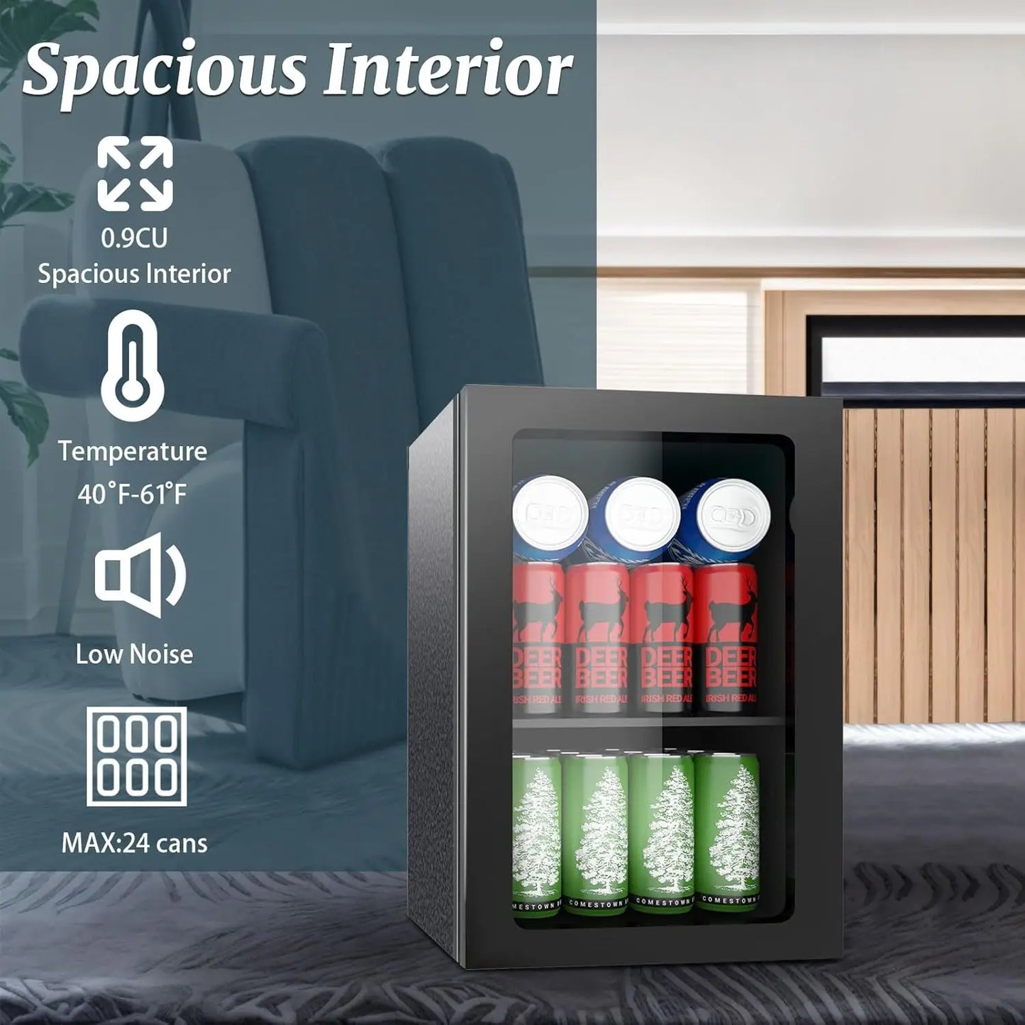24 Can Mini Fridge Glass Door Beverage Cooler Quiet Operation