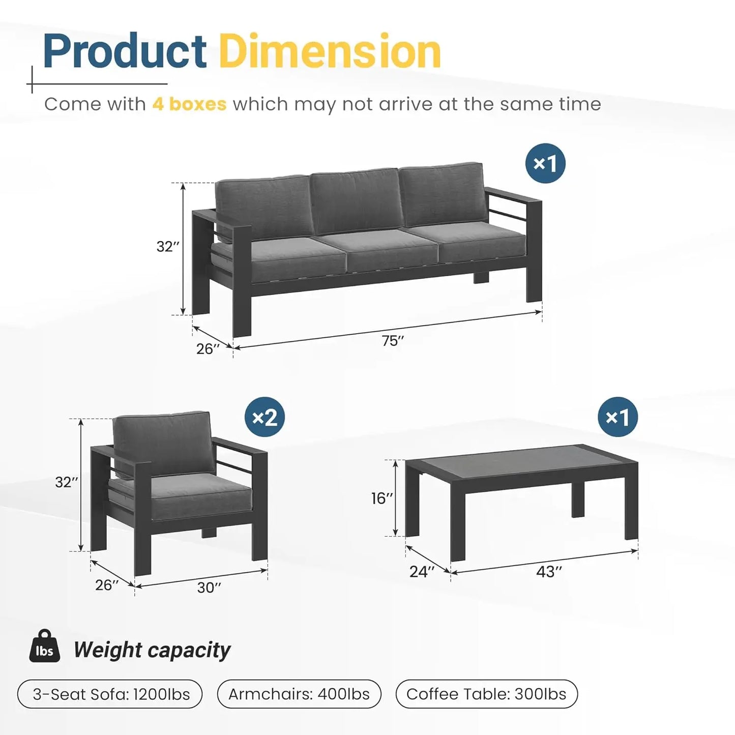 Aluminum Outdoor Patio Furniture Set With Coffee Table Modern Style