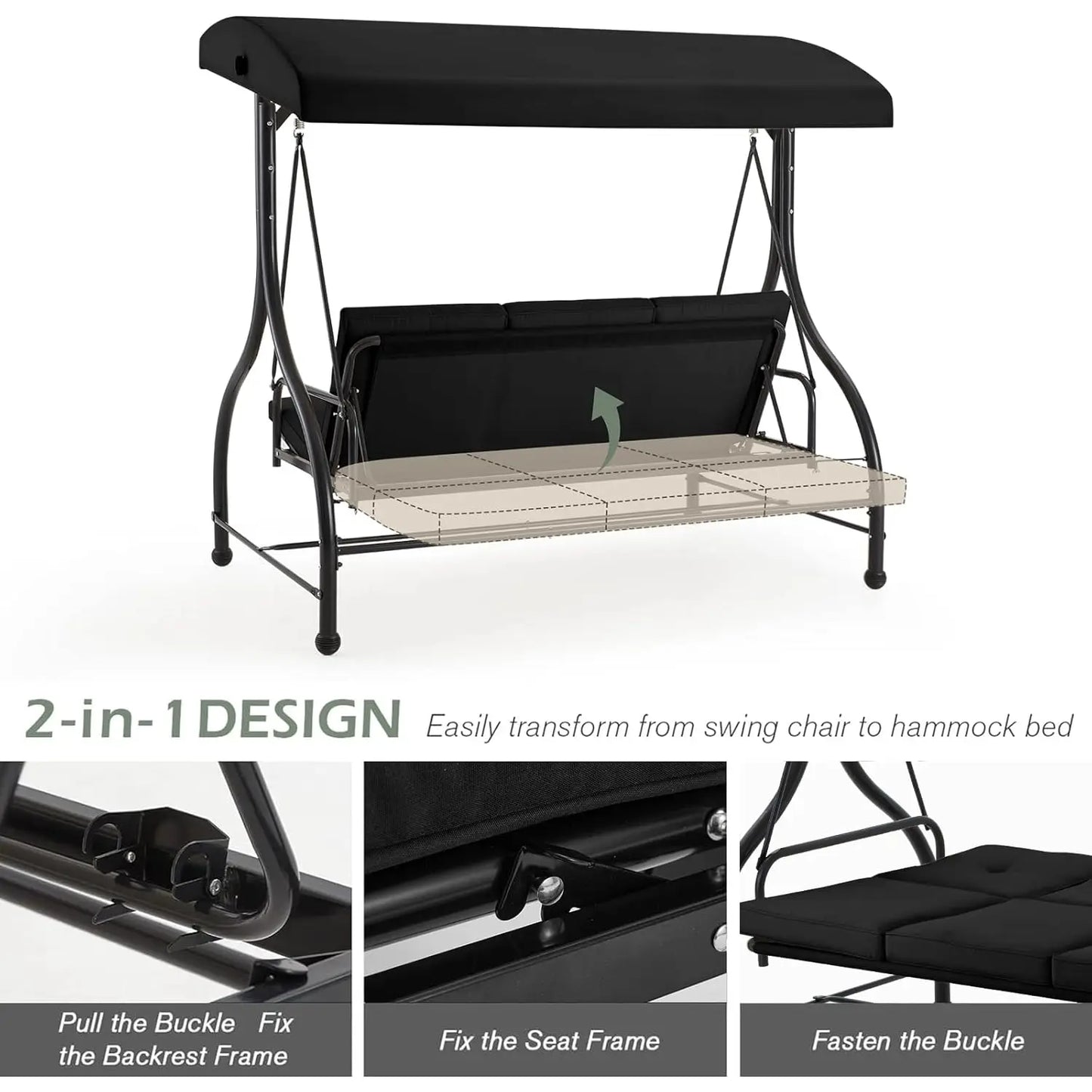 Outdoor Patio Swing Chair 3 Seat Canopy With Adjustable Backrest